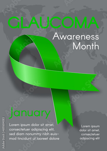 Vertical banner for Glaucoma Awareness Month with a green ribbon and world map. Modern flat vector illustration