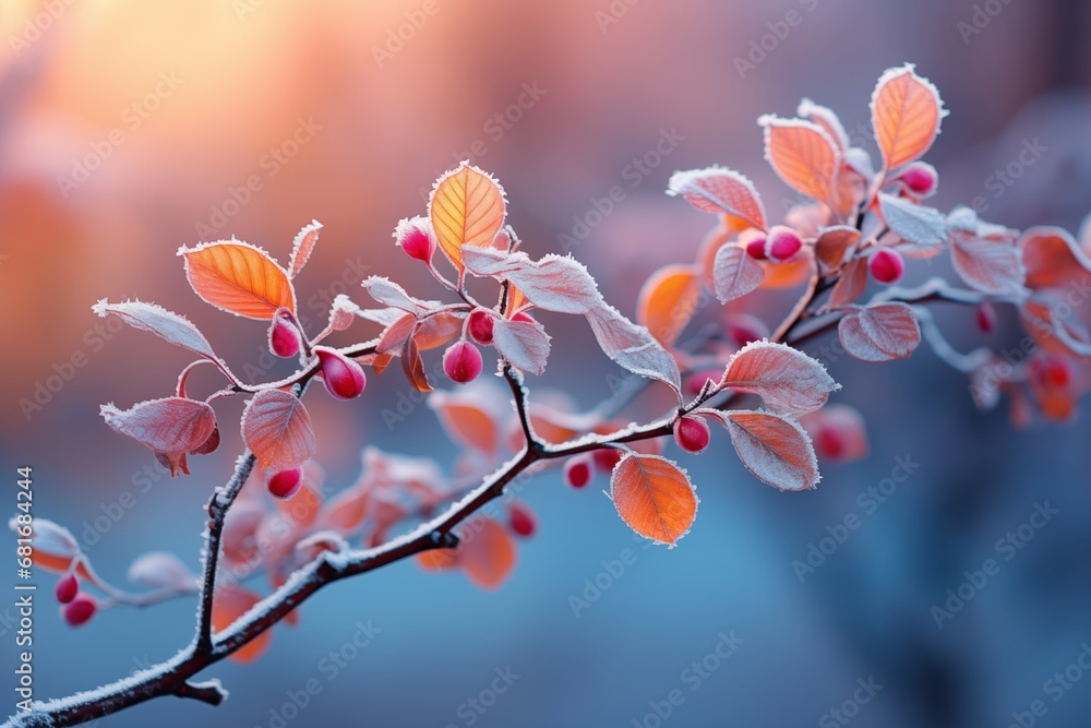 Frozen tree branch with small orange leaves. Fall winter concept. Generative AI