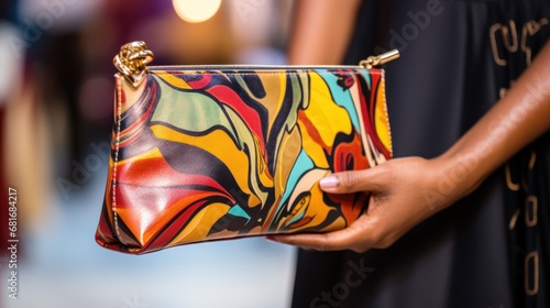 a woman's hand holding a trendy clutch bag with a bold print