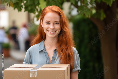 Young pretty redhead woman at outdoors holding delivery box