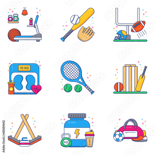 Pack of Sports Tools Flat Icons 

