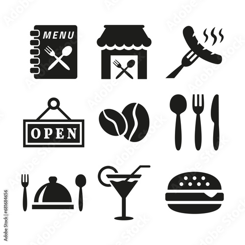 Restaurant and cafe icons set on white background.
