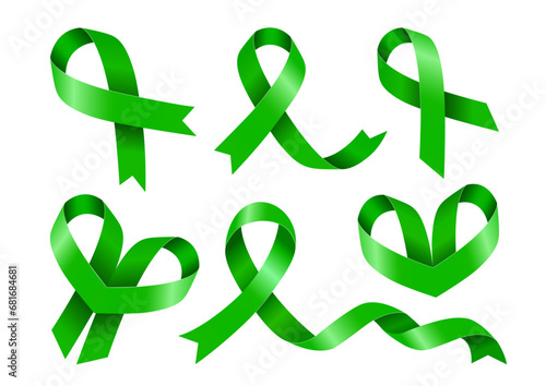 Set of Green Awareness ribbons. Awareness for Glaucoma, Organ Donation, Liver Cancer, Scoliosis, lymphoma, Gallbladder and bile duct, and mental health. Vector 3D illustration