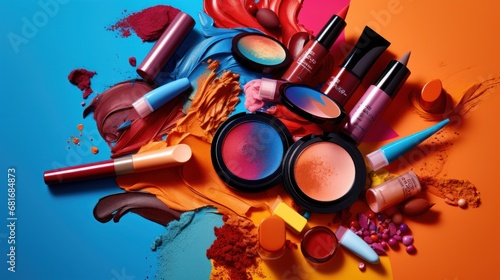 A creative image of makeup products scattered on a colorful background