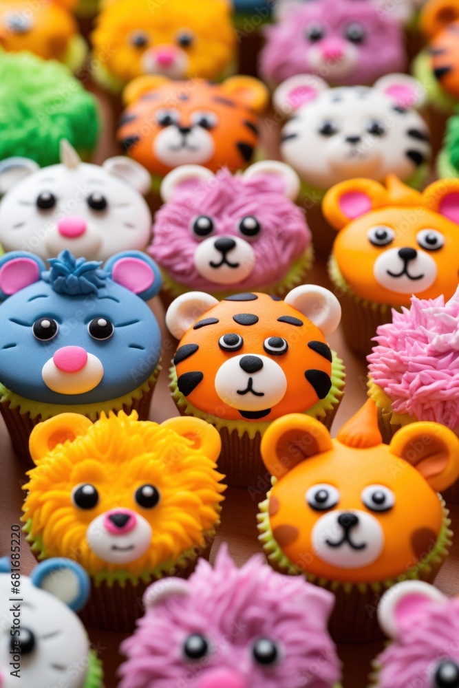 A close-up of cute animal-shaped cupcakes decorated in vibrant colors A close-up of cute animal-shaped cupcakes decorated in vibrant colors
