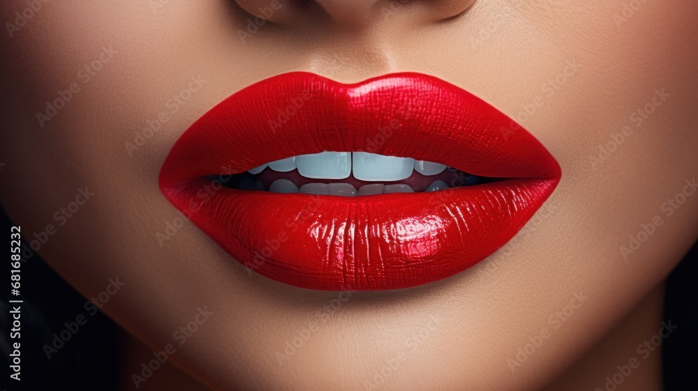 Obraz premium A close-up of a woman's face with perfectly applied red lipstick.
