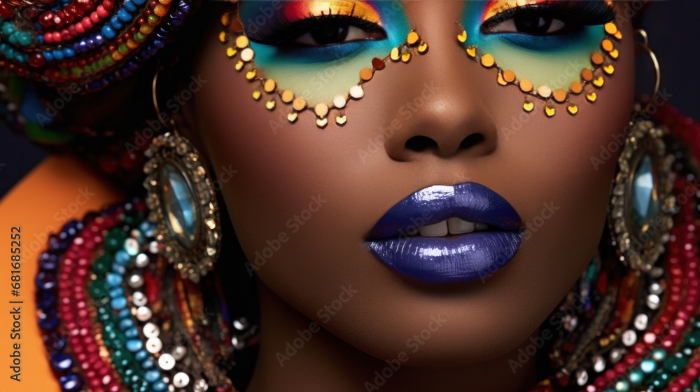 a woman's face with bold, dramatic makeup and a statement necklace a woman's face with bold, dramatic makeup and a statement necklace