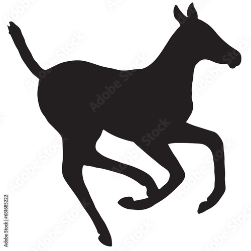 Black and white vector flat illustration: small cute running horse foal