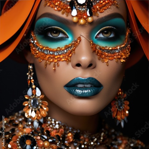 a woman's face with bold, dramatic makeup and a statement necklace