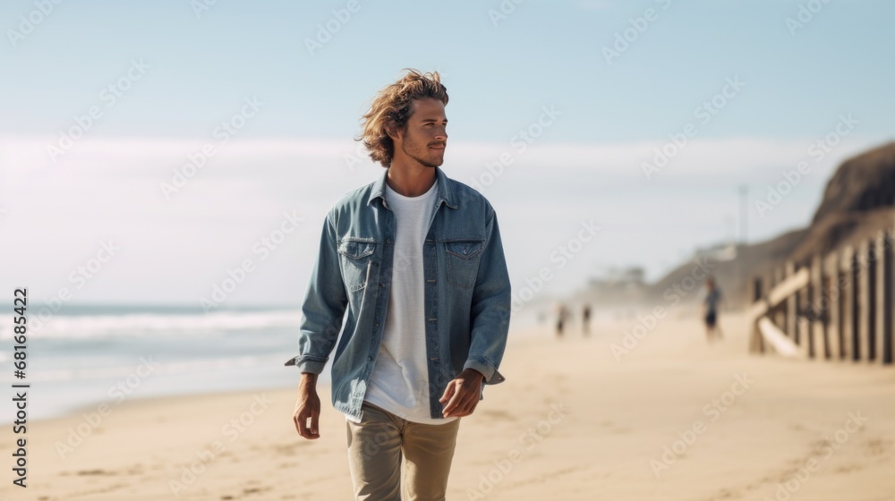 a man wearing a casual denim jacket, walking down a sunny beach with a surfboard under his arm a man wearing a casual denim jacket, walking down a sunny beach with a surfboard under his arm