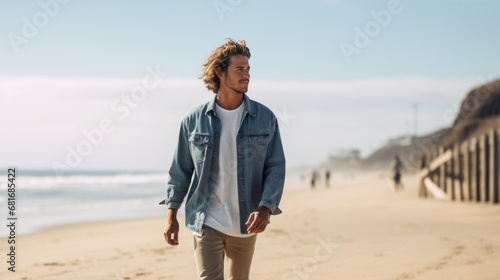 a man wearing a casual denim jacket, walking down a sunny beach with a surfbo...