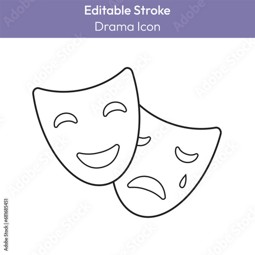 Drama line icon with editable stroke. Comedy and tragedy masks simple vector pictogram. Fine art and culture clipart