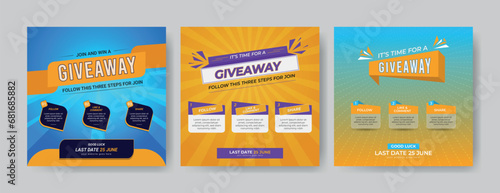 Set of social media post template for giveaway contest, giveaway steps social media post banner, eps 10.