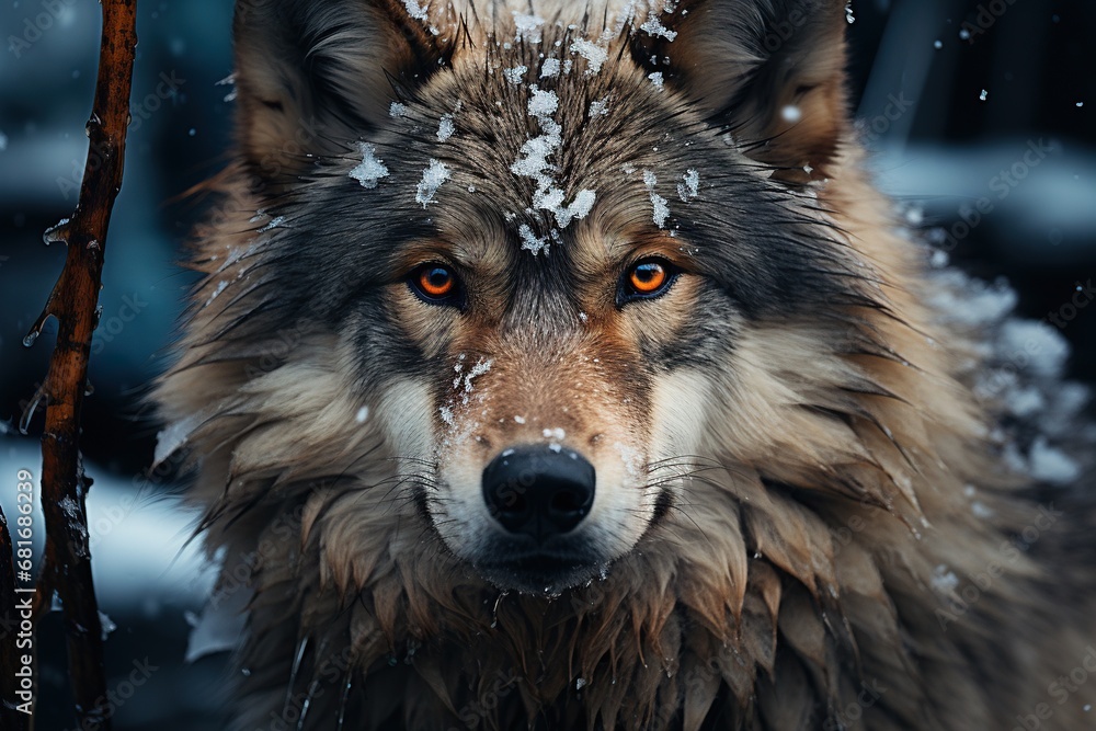 A photo of wolf standing on ice and snowing wolf looking at camera. Generative AI A photo of wolf standing on ice and snowing wolf looking at camera. Generative AI