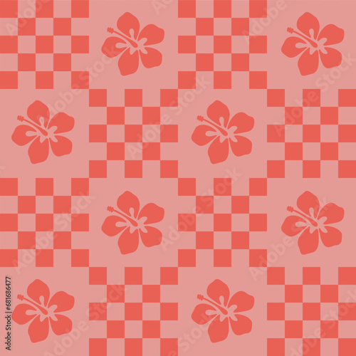 Cute y2k patchwork seamless pattern background, coral pink checkerboard and hand drawn hibiscus flower icon. Modern, trendy vector design, aesthetic print for textile, wallpaper. summer backdrop.