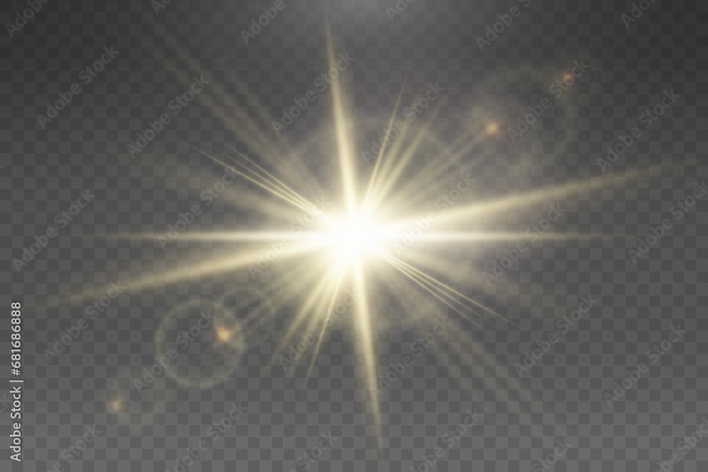 Set of realistic vector gold stars png. Set of vector suns png. Golden flares with highlights.	
