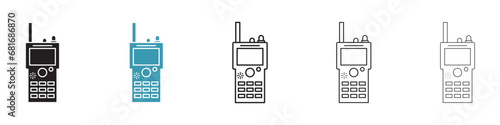 Walkie Talkie vector icon set. Military electronic communication device vector symbol. Radio transceiver vector pictogram for UI designs in black and white color. photo