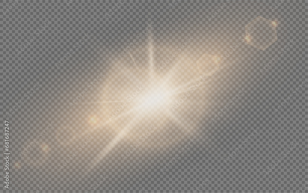 Set of realistic vector gold stars png. Set of vector suns png. Golden flares with highlights.	
