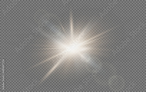 Set of realistic vector gold stars png. Set of vector suns png. Golden flares with highlights. 