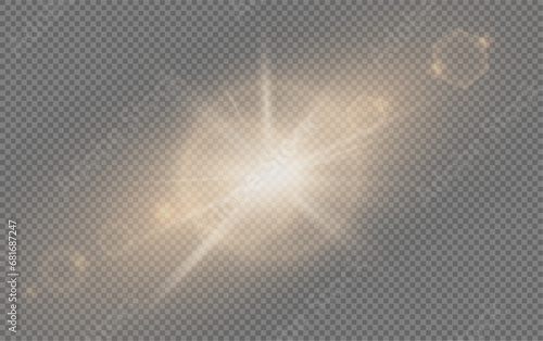 Set of realistic vector gold stars png. Set of vector suns png. Golden flares with highlights. 
