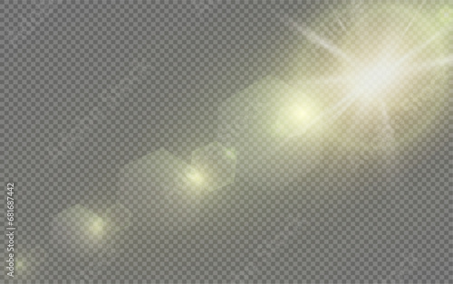 Set of realistic vector gold stars png. Set of vector suns png. Golden flares with highlights. 