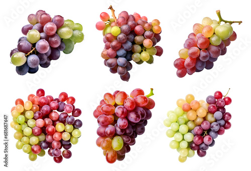 Green red purple mixed grapes grape, many angles and view side top front group bunch pile cut isolated on transparent background cutout, PNG file. Mockup template for artwork graphic design