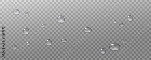 Realistic vector water drops png on a transparent light background. Water condensation on the surface with light reflection and realistic shadow. 3d vector illustration photo