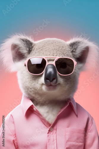 Koala portrait dressed with pink t-shirt wearing pink sunglasses on pink and blue background © Ryan