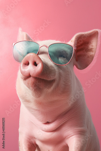 Happy pig portrait wearing sunglasses on pink background