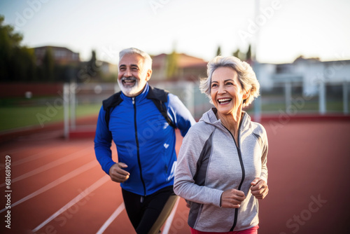 A smiling senior couple, jogging together on red running track in early morning, enjoying exercise and each other's company. Active Aging, Senior Fitness, Joyful Retirement concept