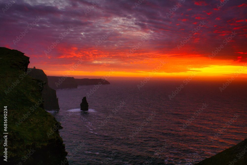 Beautiful sunset over the Atlantic from the Cliffs of Moher, County Clare, Ireland