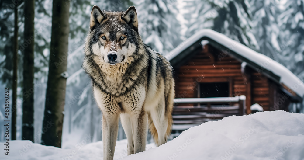Grey Wolf (Canis lupus) in winter forest against the background of a snow-covered forest hut 

