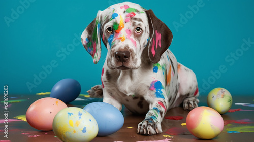 Dog involuntarily colored himself and Easter eggs photo