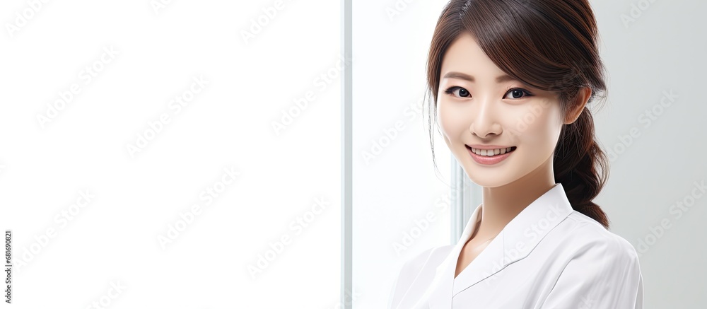 In a white background, an isolated Japanese woman with a cute smile captivates people with her happy face, embodying the beauty of health and medical expertise as a nurse model in a Japanese hospital.