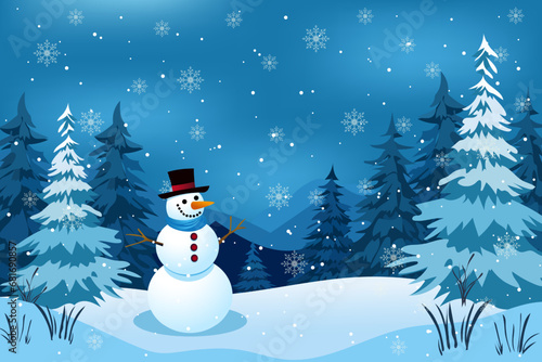 Snowman against the backdrop of forest and mountains in snowy weather. Beautiful Christmas winter night landscape with lush fir trees and large snowdrifts with amazing snowflakes.