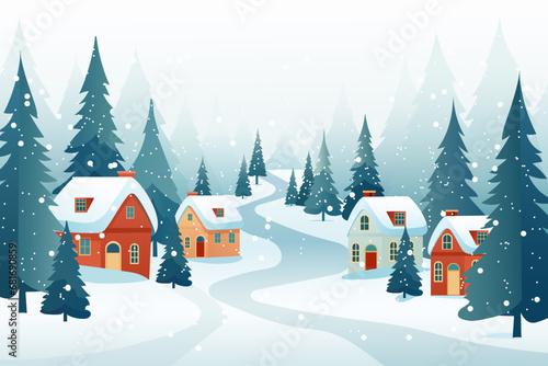Christmas village in the forest. Beautiful winter landscape of a snow-covered village against the background of a forest. Cute colorful houses and fir trees in snowy weather. New Year poster, banner.