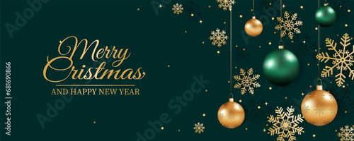 Beautiful green Christmas background. Amazing golden snowflakes with different ornaments, shiny golden and green balls, congratulatory holiday text. New Year's design. photo
