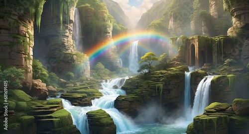 A scene with multiple tiers of waterfalls flowing through a lush canyon. Include intricate details of moss-covered rocks, sparkling spray, and a rainbow formed by the mist - AI Generative