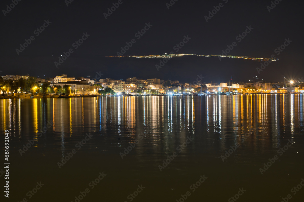View of Manfredonia and Monte Sant Angelo at night, Puglia, Italy