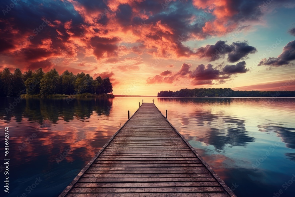 Fototapeta premium the boat dock floating over a clear lake at sunset Generative AI