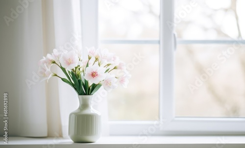 bouquet of flowers in a vase on windowsill. 