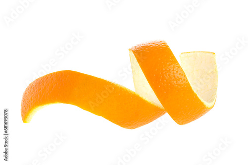 Orange twist isolated on a white background. Orange peel close-up. Orange citron.