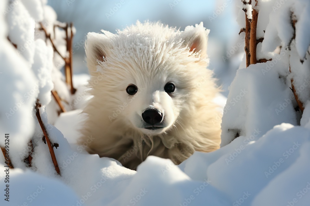A picture of Cute Samoyed puppy on snow in winter forest closeup Generative AI - obrazy, fototapety, plakaty 