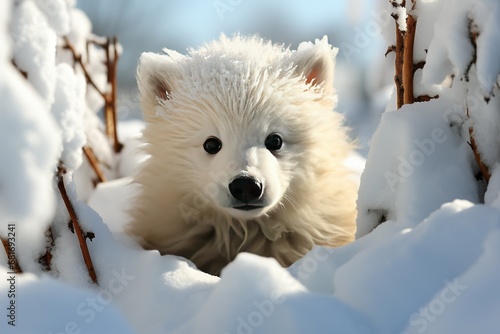 A picture of Cute Samoyed puppy on snow in winter forest closeup Generative AI photo