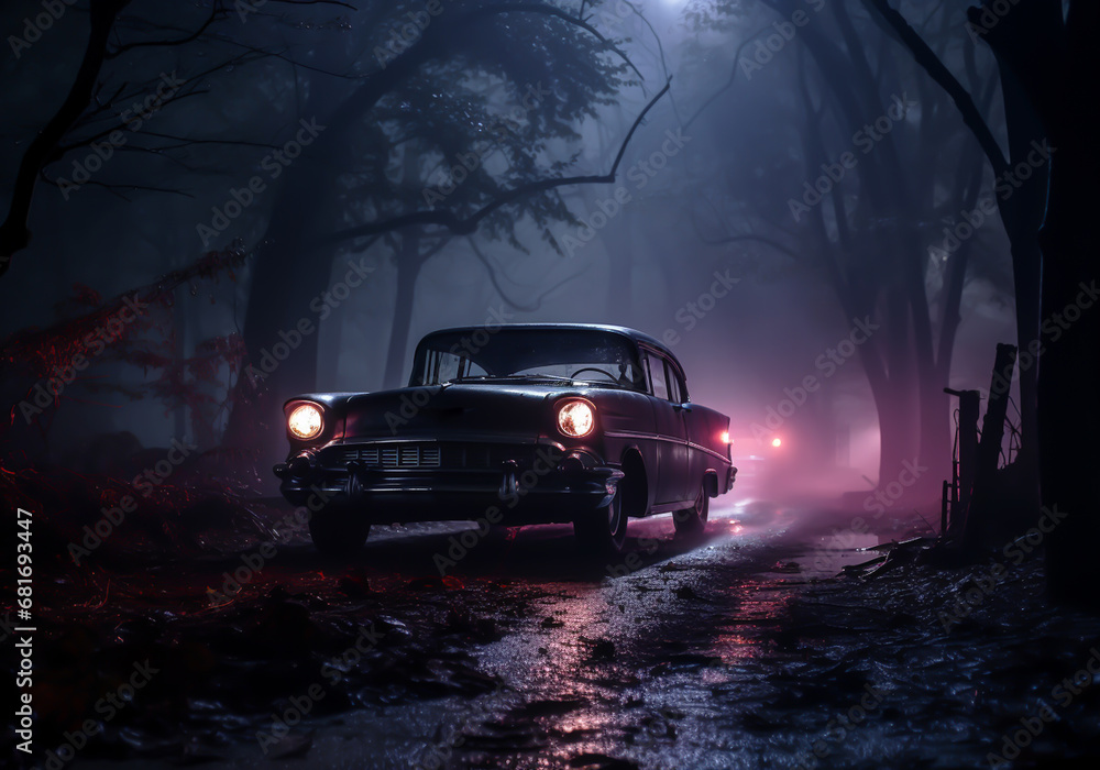 Enigmatic environment on a cloudy night with a car with its headlights on. AI generated