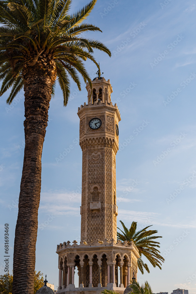 Clock Tower palm Trees. Turkey 11 october 2023 Izmir