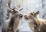 Two reindeer facing each other in snowy landscape. AI generated
