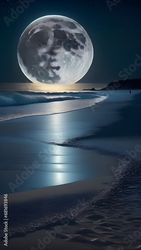 Full moon over a beach at night. 3D Rendering.