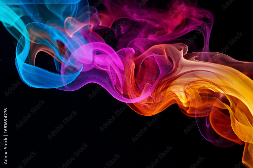 Fototapeta premium Creative Vibrant Smoke Swirls in Blue, Pink, and Yellow Hues Against a black background. Ai generated