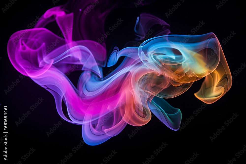 Creative Vibrant Smoke Swirls in Blue, Pink, and Yellow Hues Against a black background. Ai generated Creative Vibrant Smoke Swirls in Blue, Pink, and Yellow Hues Against a black background. Ai generated